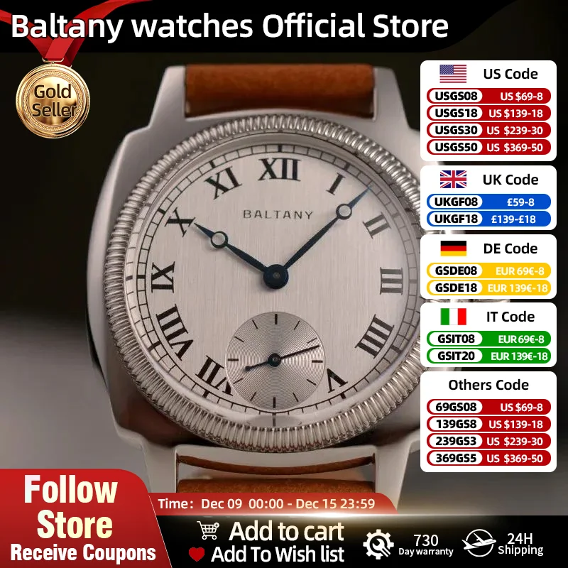 Baltany Fashion Dress Watches S4037 Tribute 1926 Oyster Quartz Movement Stainless Steel Case Roman Dial 100M Waterproof Watches