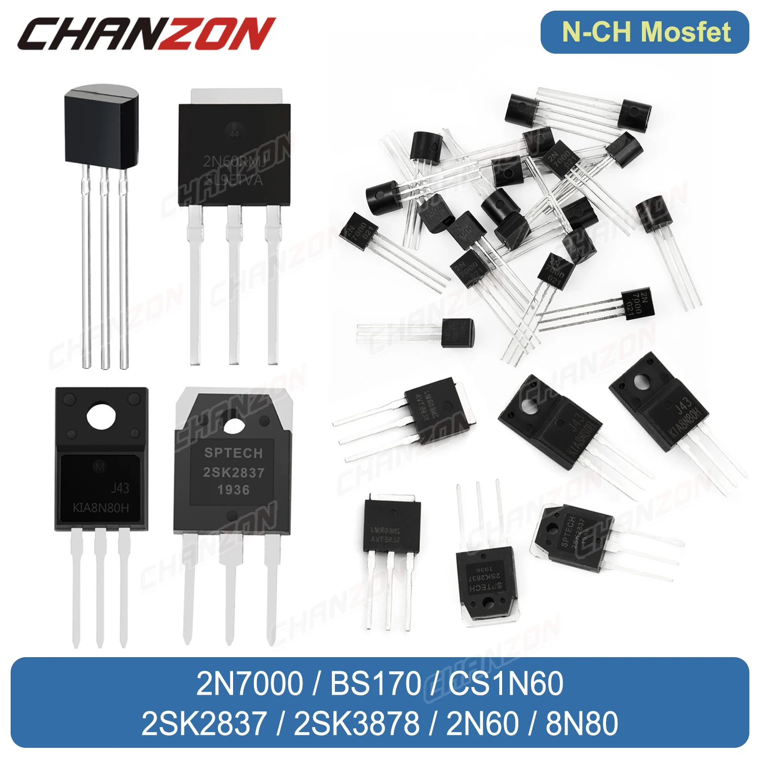 Original 2N7000 BS170 CS1N60 2SK2837 2SK3878 2N60 8N80 N-Channel Mosfet Transistor TO-92 TO-3P TO-251 TO-220F Integrated Circuit