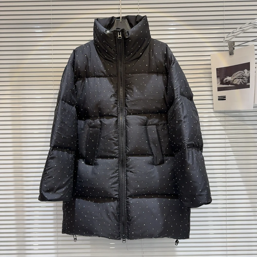 Hiver col montant chaud mi-long coton doudoune femmes blanc canard vers le bas fermeture éclair doudoune femme cordon Parker vêtements d'extérieur