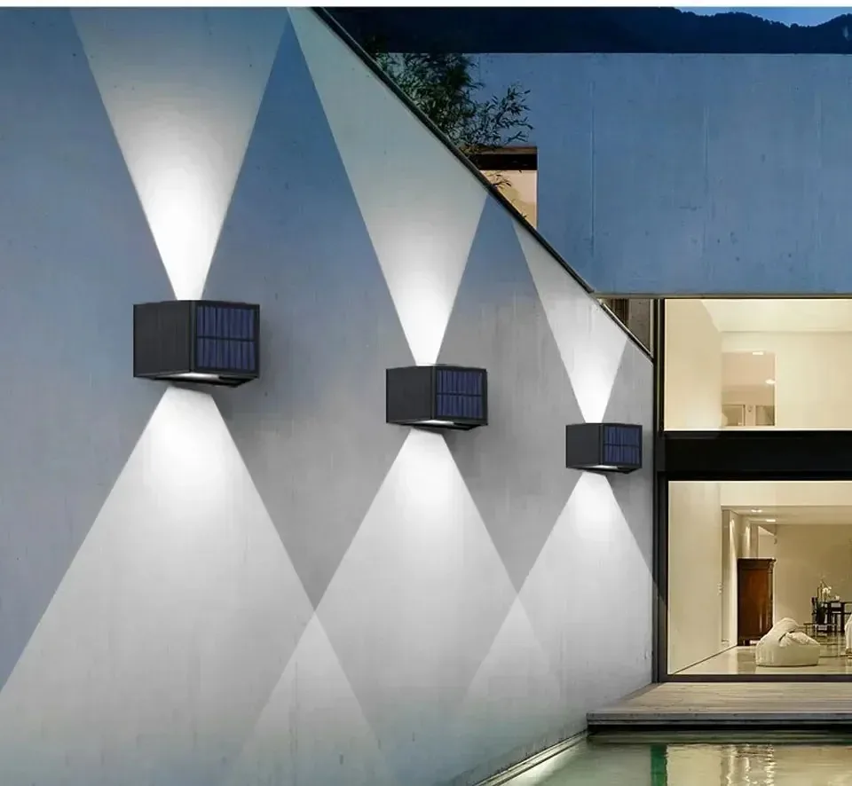 Solar Powered Wall Light, Black Modern LED Up Down Lamp with Varied Beam Effects for Outdoor Courtyard Fence Decor Lighting