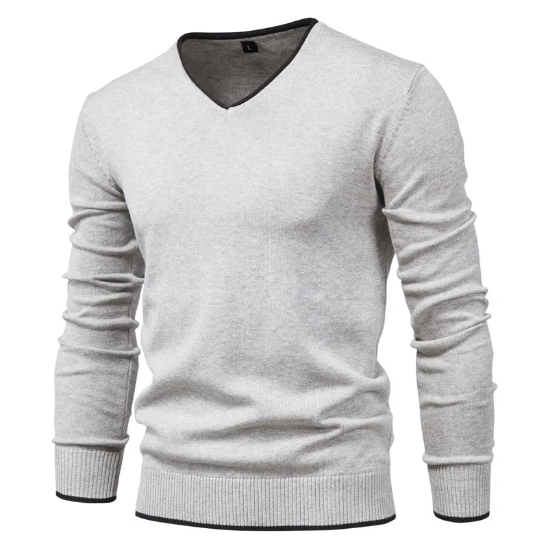 

2024 New 100% Cotton Pullover V-Neck Men&#39S Sweater Solid Color Long Sleeve Autumn Slim Sweaters Casual Pull Clothing