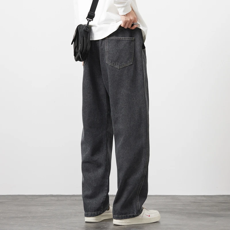 CUMUKKIYP American Men's Drawstring Jeans with Solid Color, High Street Straight Fit, Versatile Loose Wide Leg Pants