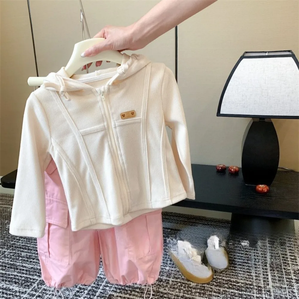 

Autumn New Korean Version Fashion Girls' Clothes Hooded Sweatshirt Zipper Cardigan Jacket+work Pants Two-piece Set
