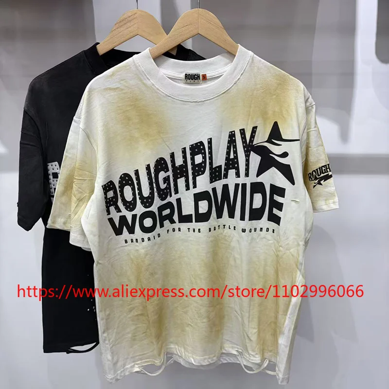 2026 New Rough Play Men's T-Shirt Star Graphic Rhinestone Vintage Wash Distressed Loose Casual Tee