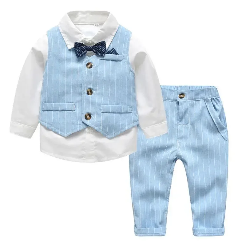 Spring Baby Boys Gentleman Suits Blazers Clothes Vest Shirt Pants 3piece Wedding Formal Party Plaid Stripe Kids Sets 0-4Y