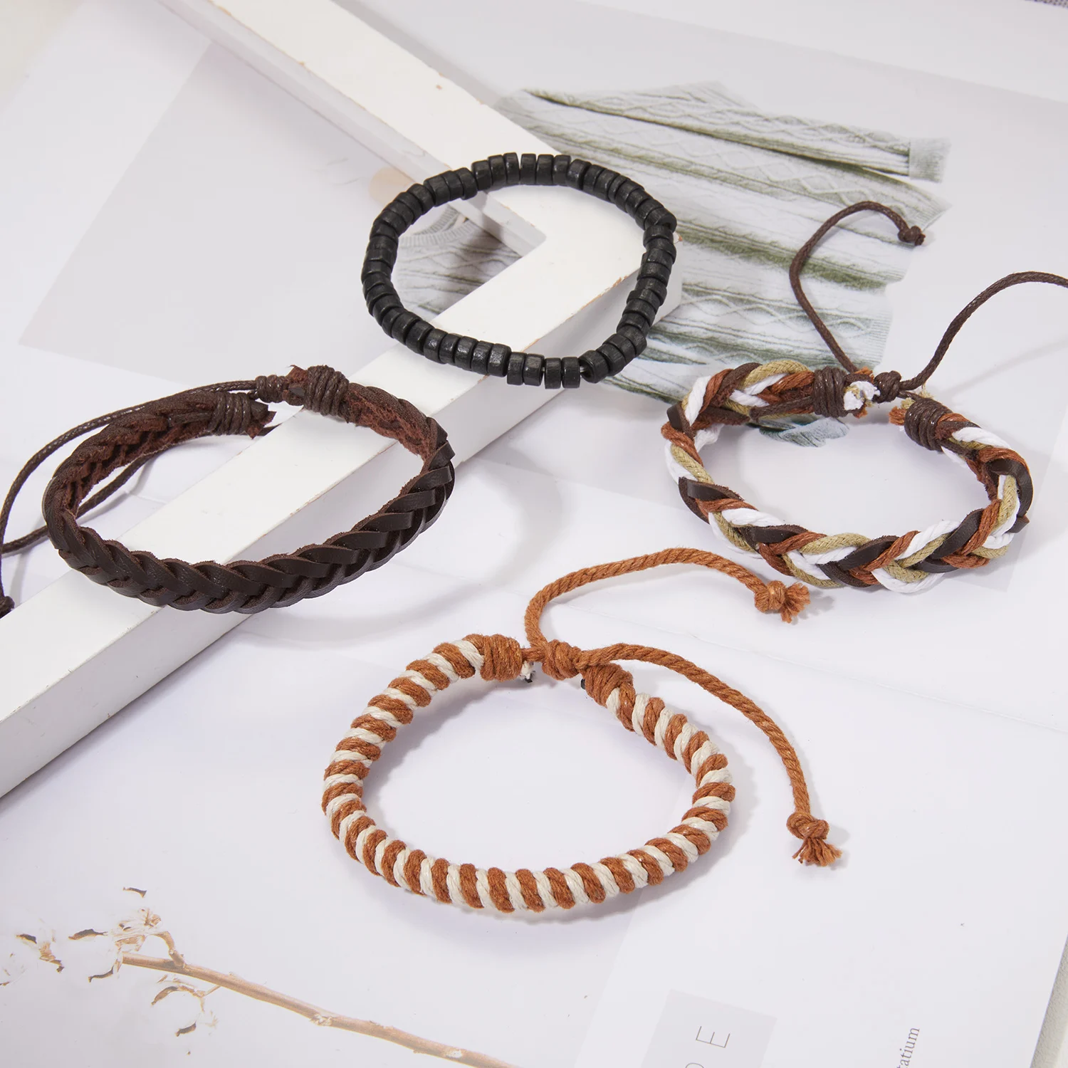 4Pcs/Set Braided Wrap Leather Bracelet for Men Women Vintage Yin Yang Infinity Wood Beads Charm Bracelets Male Wristband Jewelry