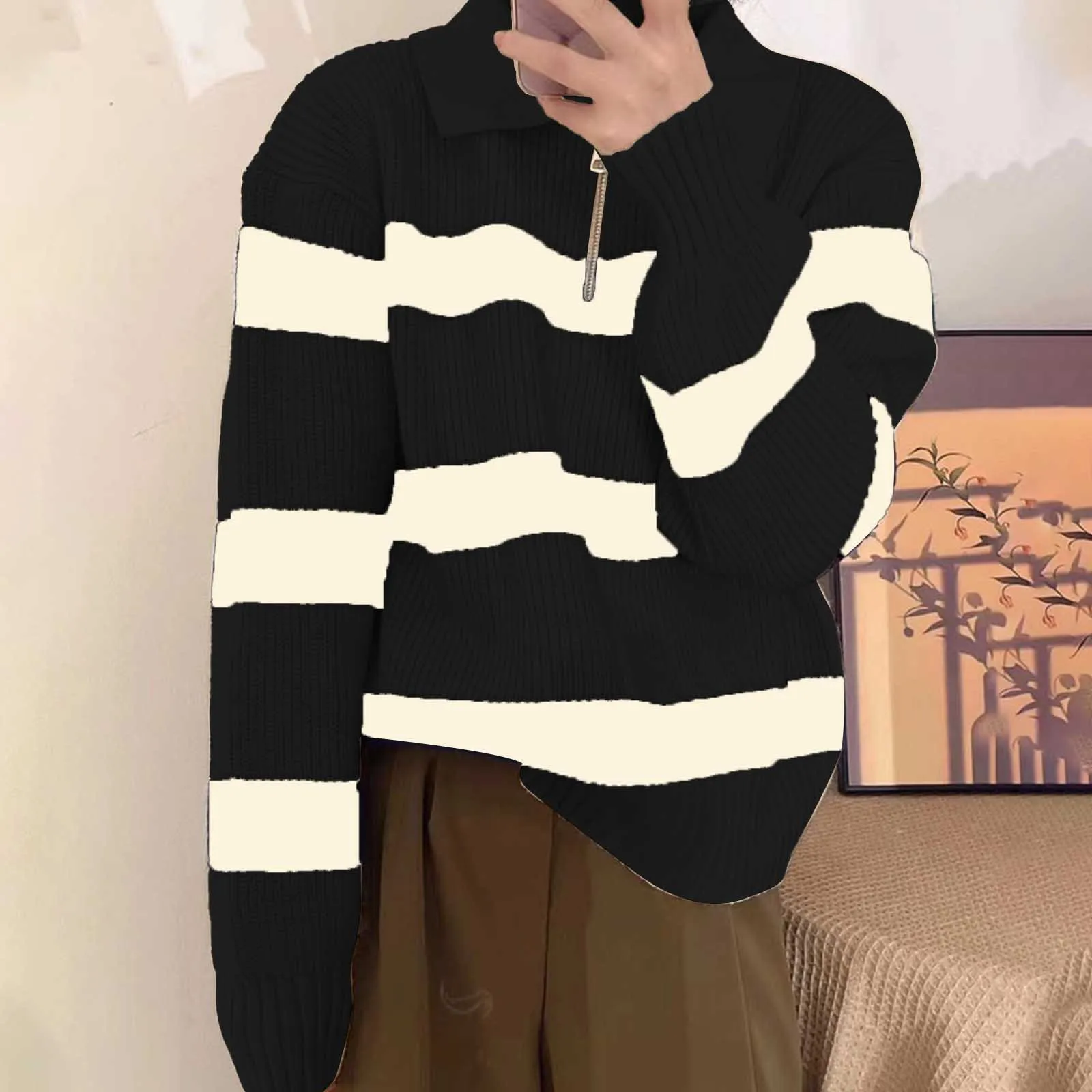 Striped Autumn Winter Women's New Pullover Spliced Polo Collar Zipper Fashion Loose Casual Knitted Slim Fit Pullover Sweater Top