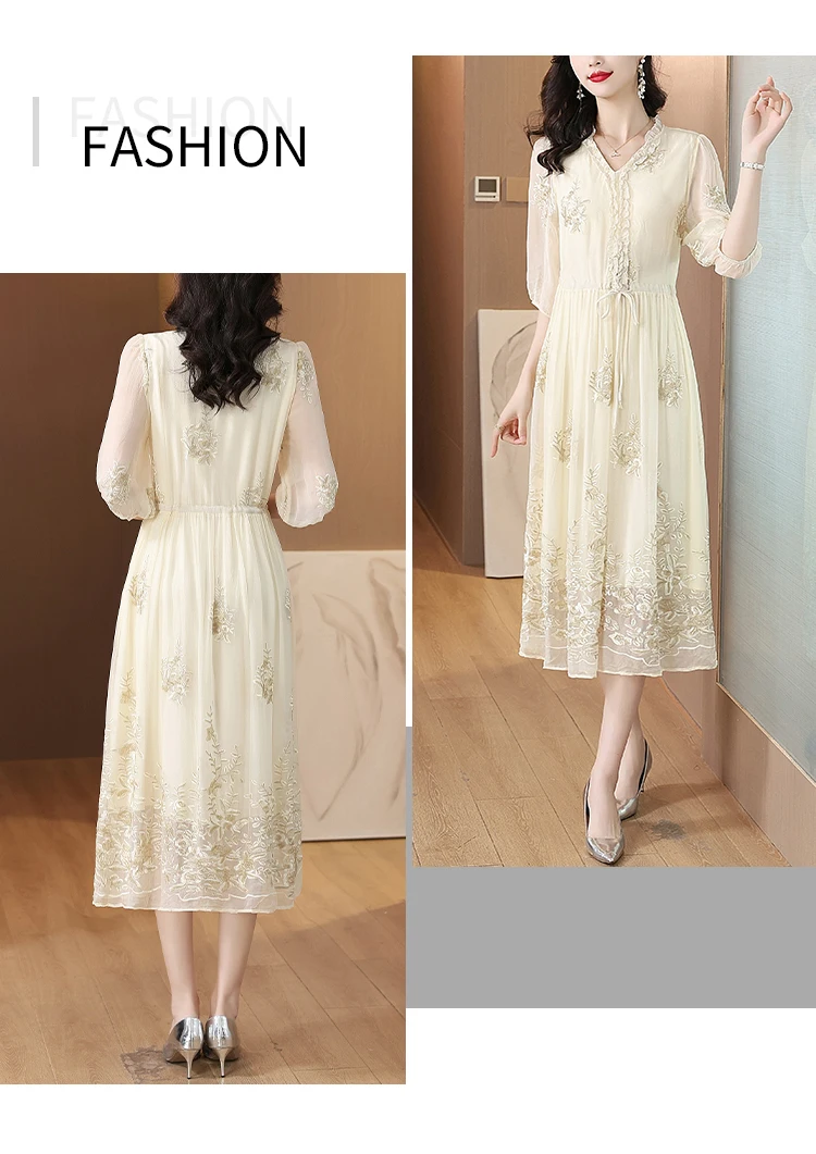 2024 Summer New Silk V-neck Flower Embroidered Chinese Style Dress Fragmented Flower Loose Size Slim Knee Length Dress