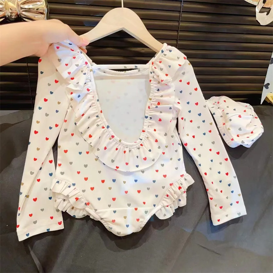 New Girls Swimsuit 2025 Long Sleeved Sunscreen Backless One-piece Children Swimsuit with Hat Included