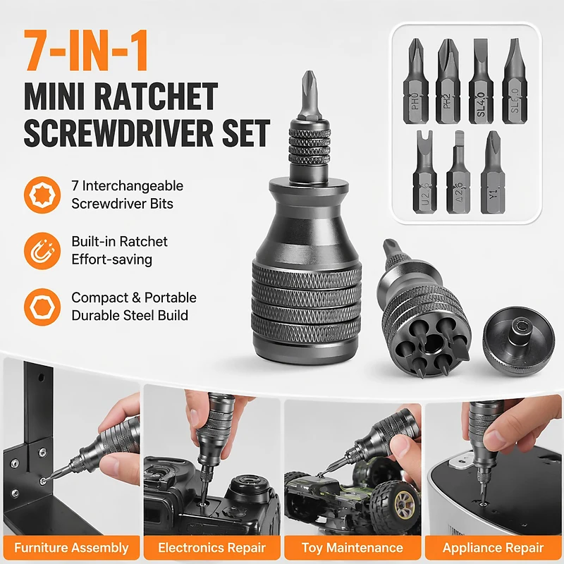 Mini Pocket Screwdriver 7 in 1 Multifunctional S2 Bits Aluminum Alloy Compact Portable Screwdriver Set for Electronics Household