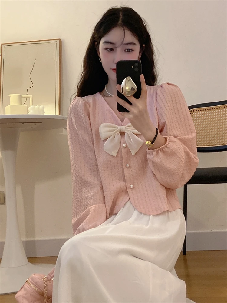 Woherb Summer Solid Bow Sweet Blouses Women Button Chic  Female Korean Fashion Lantern Sleeve Loose Elegant  2024