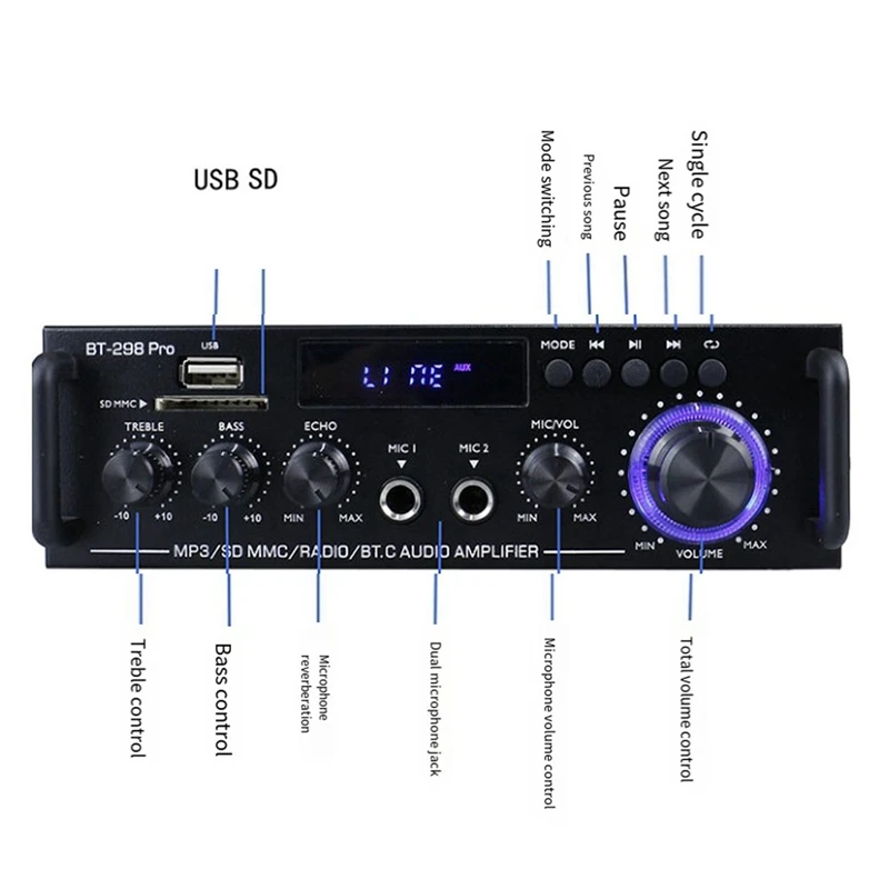 Amplifier Bt 298 Pro Home Theater Amplifier Karaoke Dual Channel Stereo Bluetooth 5.0 Maximum 800W New Upgrade US Plug Durable