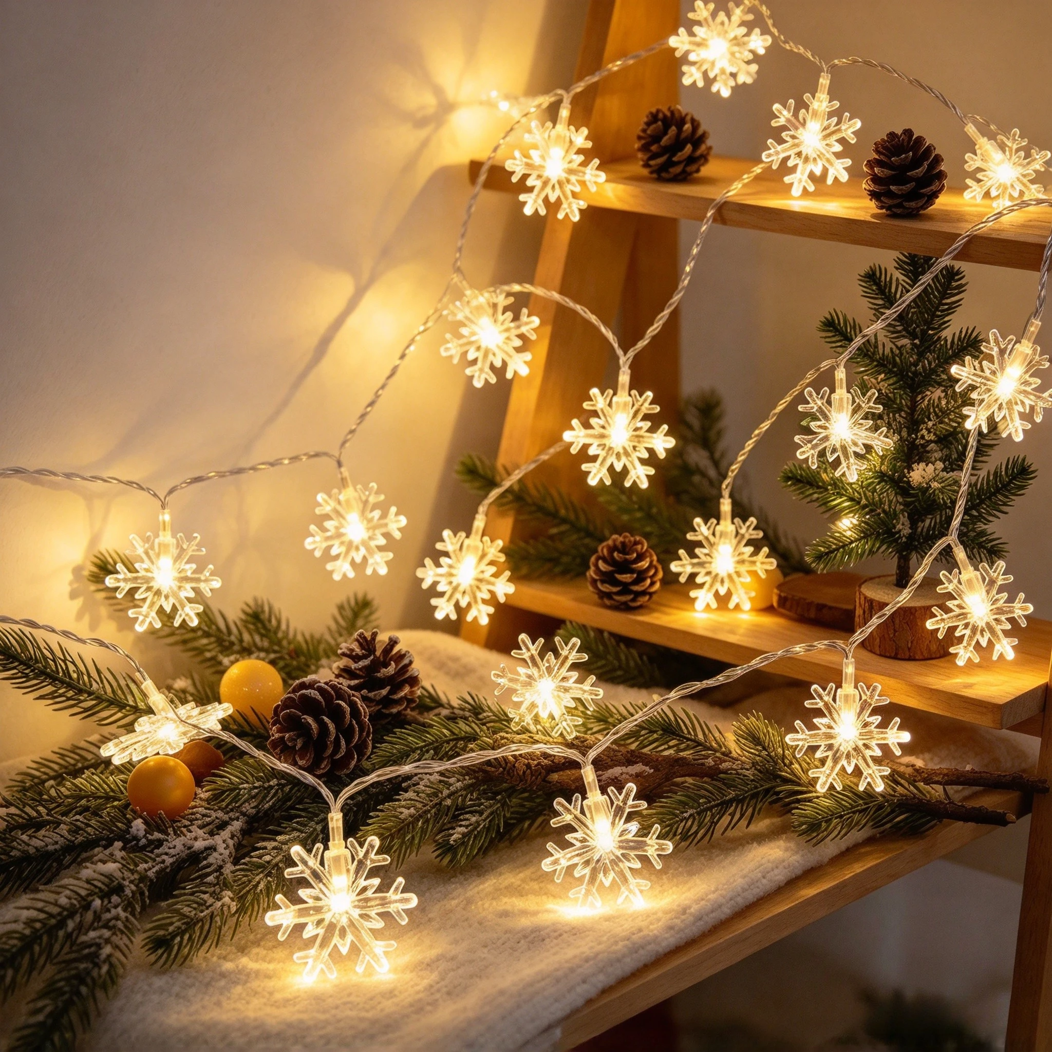 LED Snowflake String Lights Christmas Fairy Garland Battery Powered for Home Indoor Outdoor Xmas Party Decor