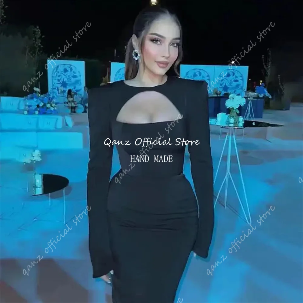 Qanz Elegant Black Satin Arabia Prom Dresses Mermaid Long Sleeves Formal Evening Dresses Women Party Gowns 2024 Customized