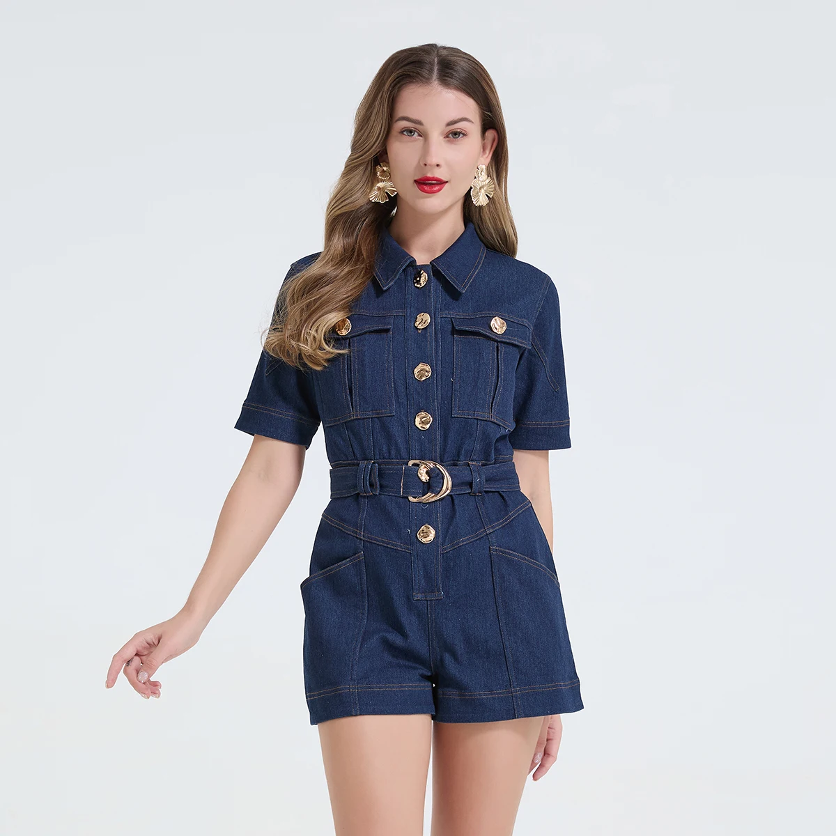 Fashionable Slim Fit Metal Buckle High Waist Denim Shirt And Overall Pants Three Dimensional Ladies Jeans Cotton Material