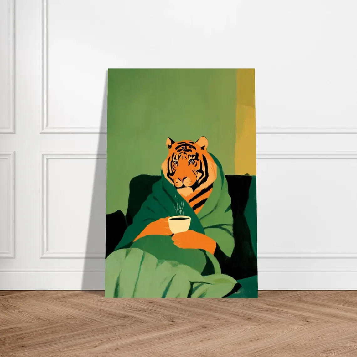 Emerald Green Tiger Art Print Cozy Modern Animal Illustration | Green & Orange Aesthetic Wall Decor | Coffee Lover Tiger Poster