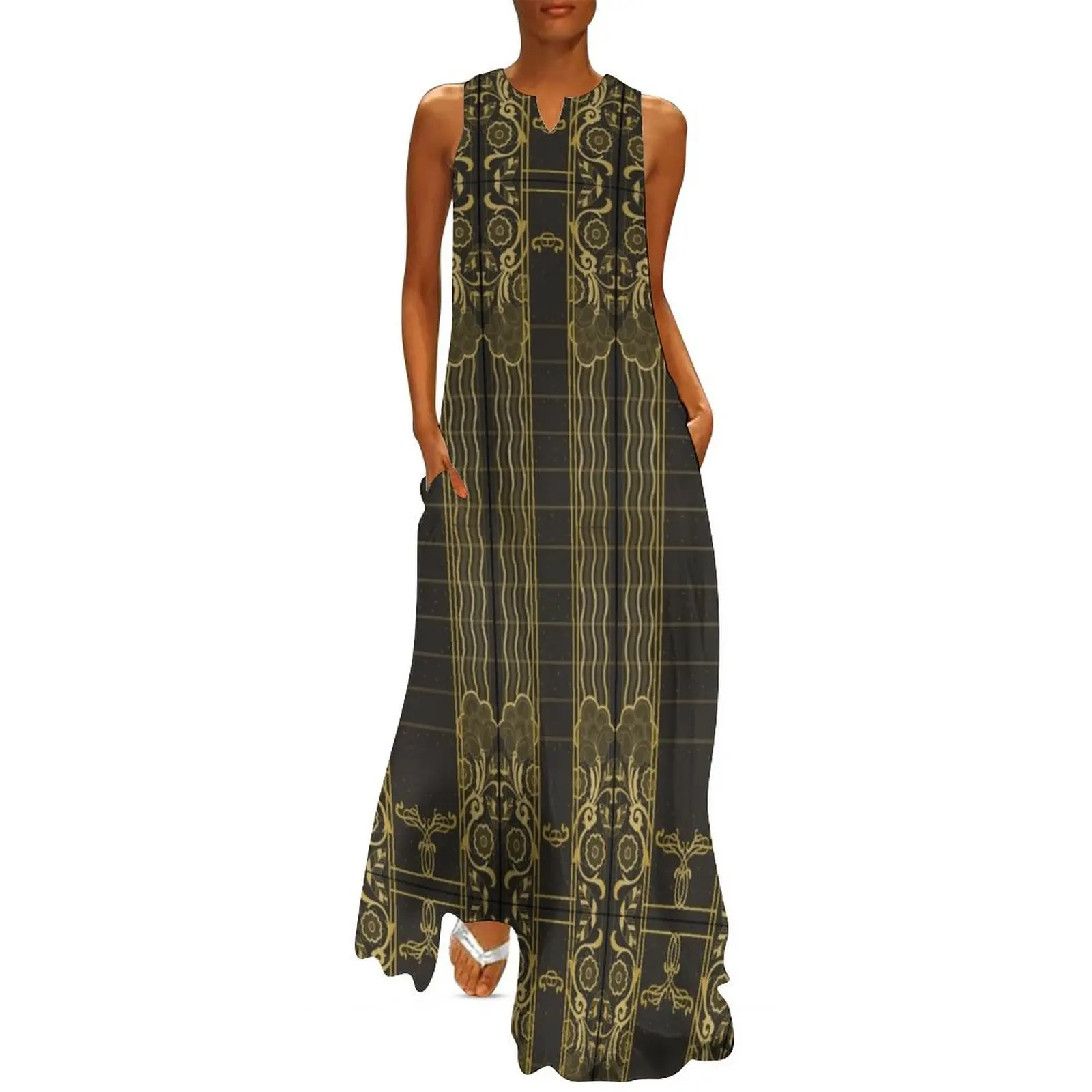 Art Deco Nouveau Black and Gold Geometric Long Dress summer dresses ladies 2025 long sleeve dresses Dress