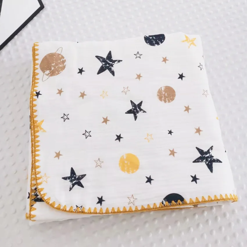 

4 Layers Fluffy Muslin Cotton Printed Stars Rainbows Baby Swaddle Blanket,Stroller Blanket, Newborn Bath Towel Receiving Blanket