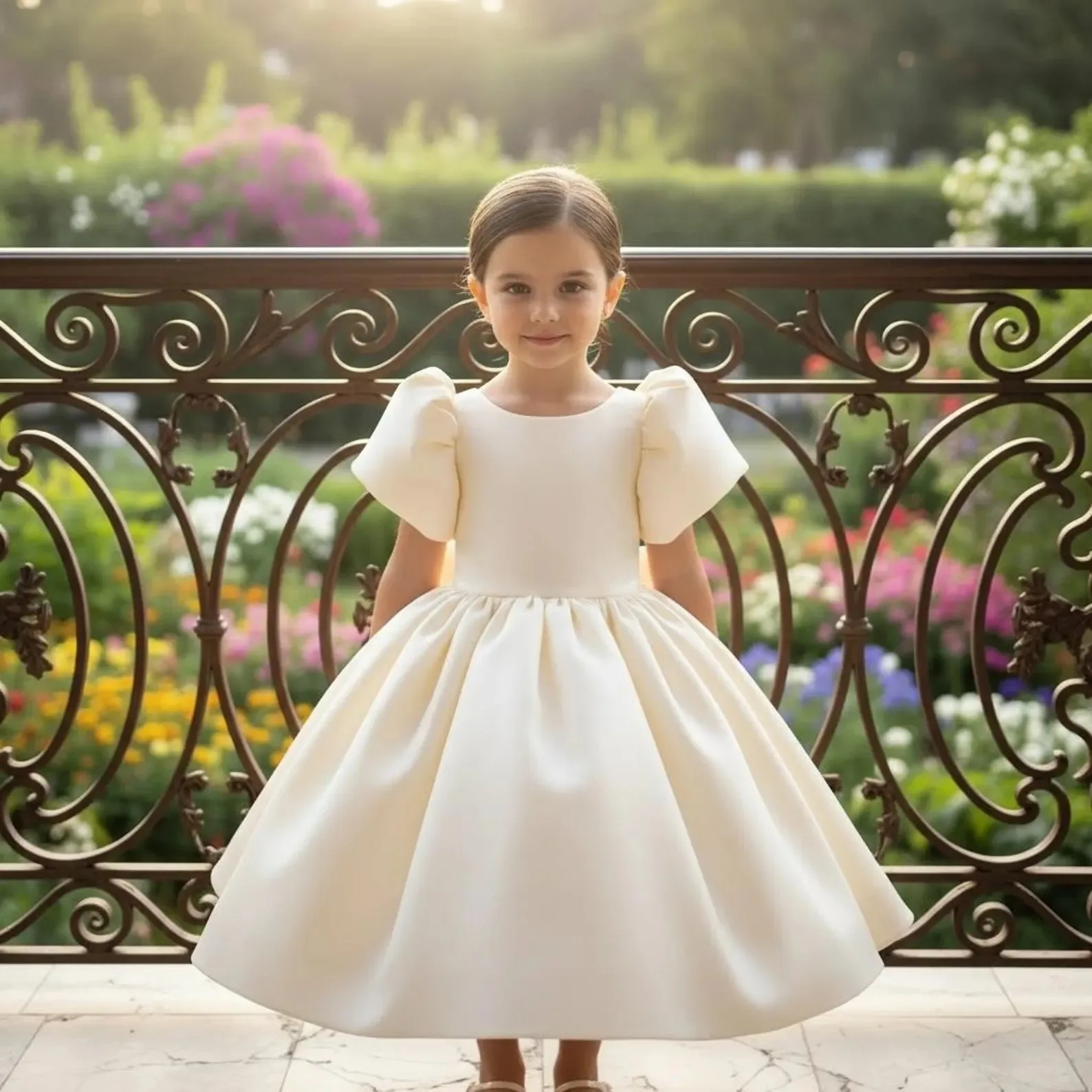 

Customized elegant satin wedding children's dress,puff sleeve bow flower girl dress,short A-line banquet catwalk princess dress