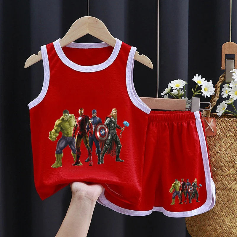 

Детский летний спортивный баскетбольный костюм Marvel, комплект из 2 предметов, повседневный комплект одежды для мальчиков и девочек, быстросохнущий мягкий топ и шорты