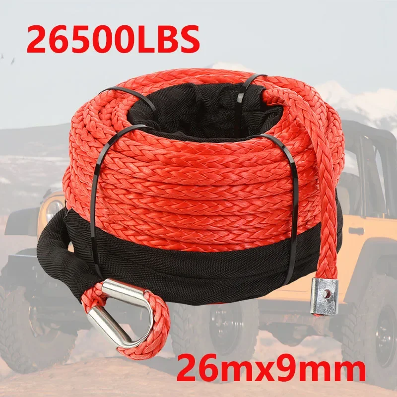 26mx9mm Synthetic Winch Rope with Protecting Sleeve and Thimble, 26500LBS Winch Rope for Boat Trailer, Jeep,  Winch Cable