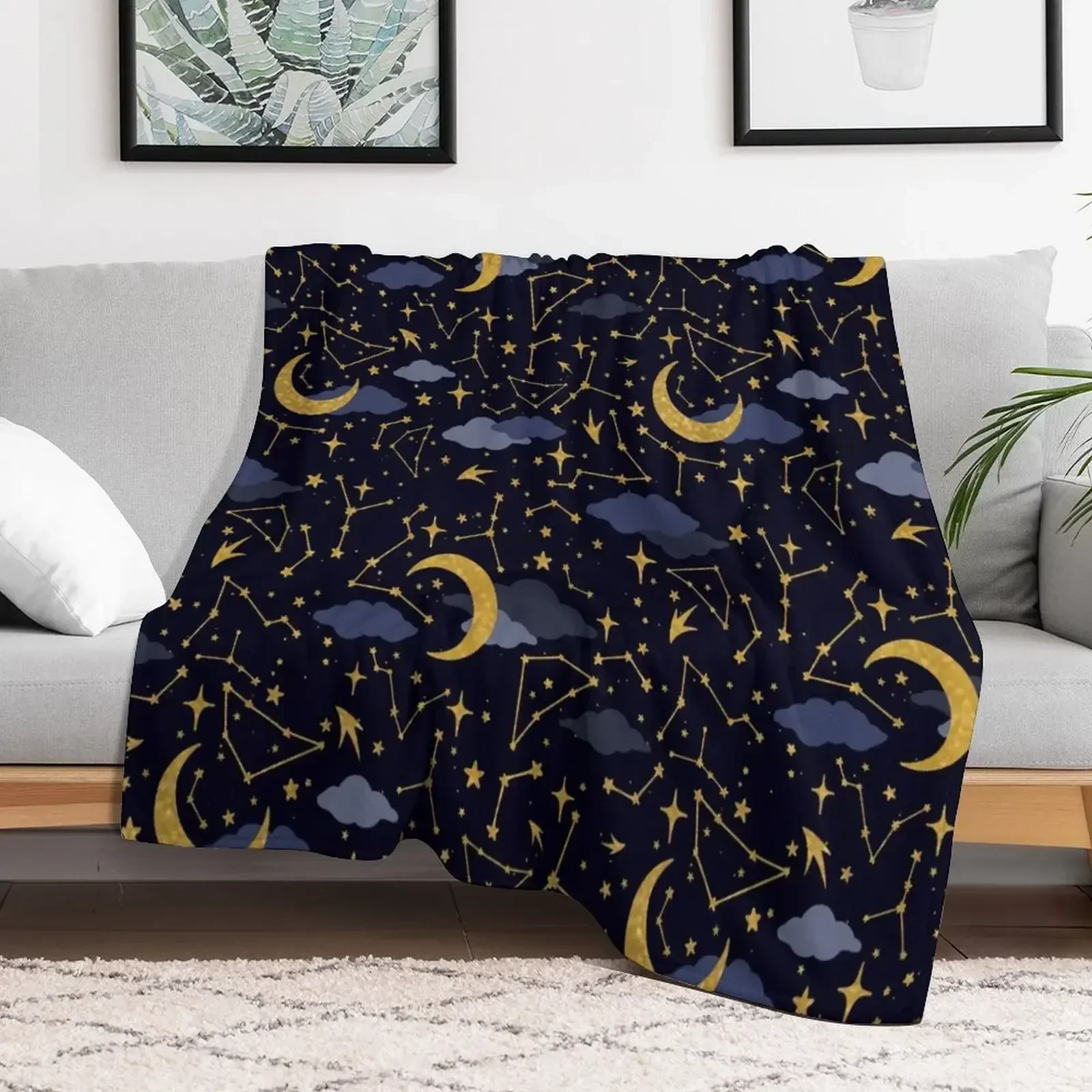 

Celestial Stars and Moons in Gold and Dark Blue Throw Blanket Single Flannel Bed linens Plaid Blankets