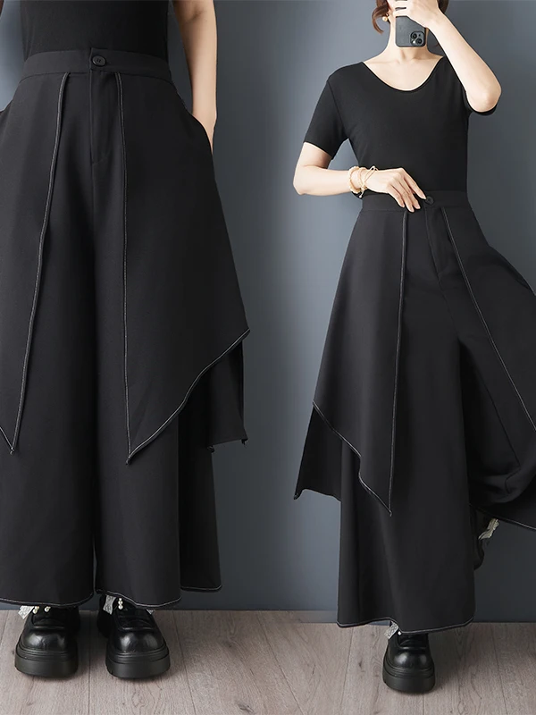 Authentic Summer 2026 High Waist Wide Leg Pants Skirt Fashion Asymmetrical Dark Style Casual Polyester Fiber 100% Splice