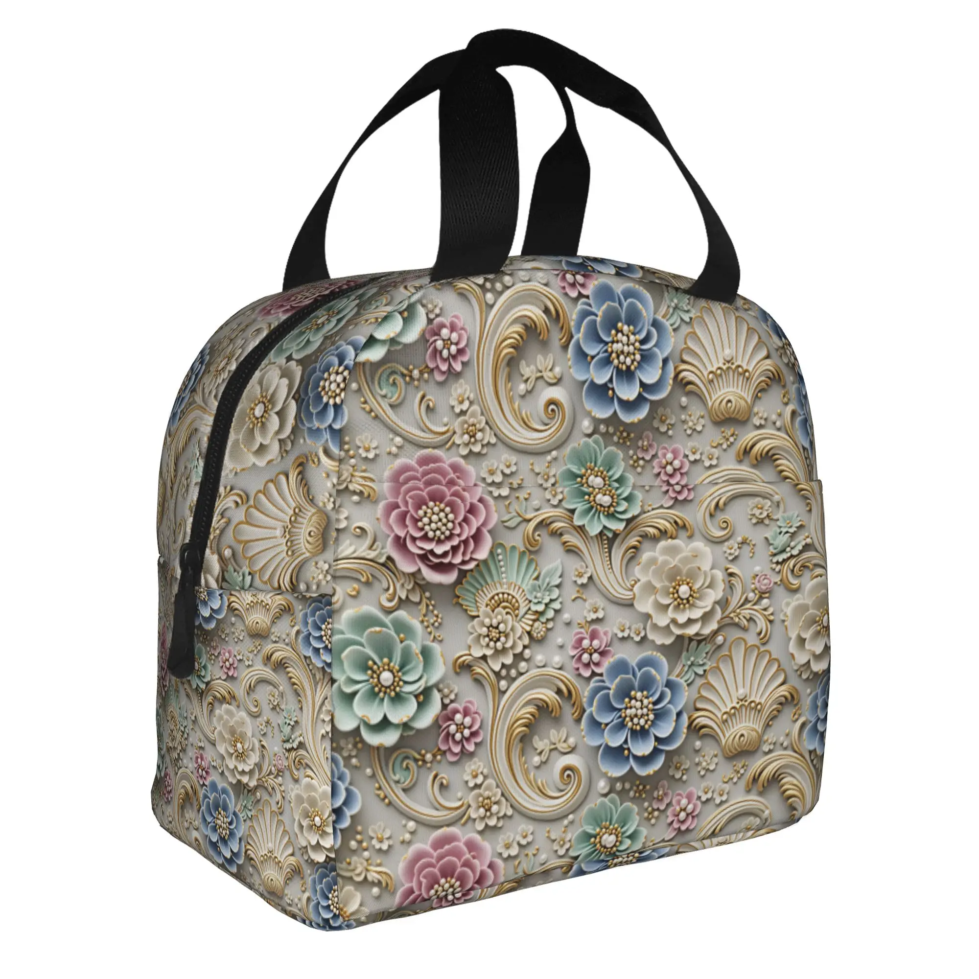 Luxury High 3D Floral Insulated Lunch Tote Bag for Fashion Trend 3D Flowers Portable Cooler Thermal Bento Box Outdoor Camping