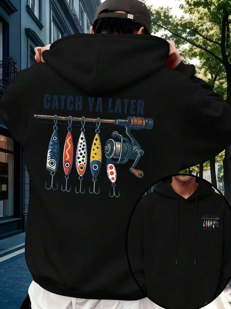 1pcsMen'S New  Hoodie, Casual Drawstring Sweatshirt With Print, CATCH YA LATER, For Fishing Enthusiasts, Featuring A Front Kangaroo Pocket, Men'S Top