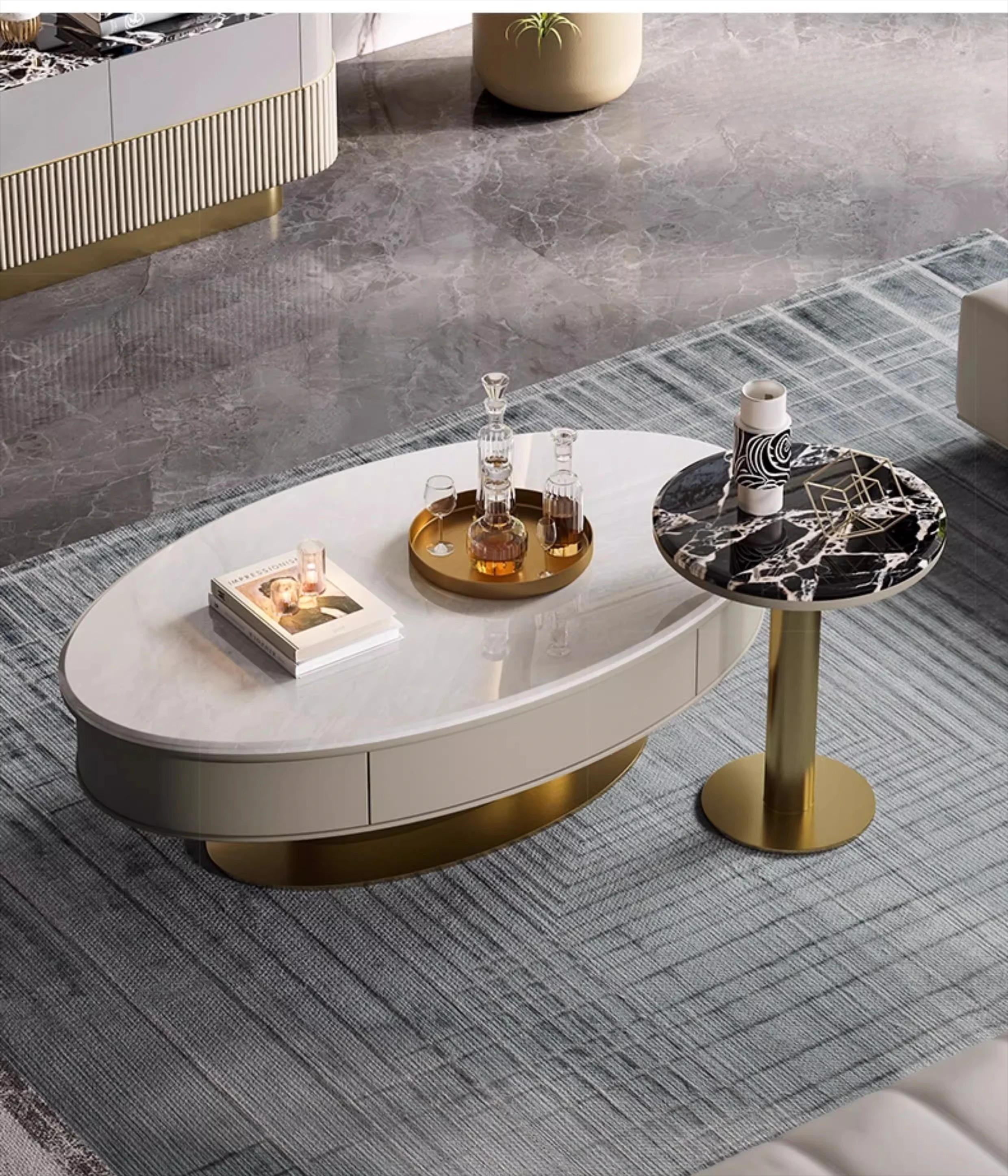 

Легкий роскошный журнальный столик, модный мраморный овальный журнальный столик, комбинация ТВ-шкафа