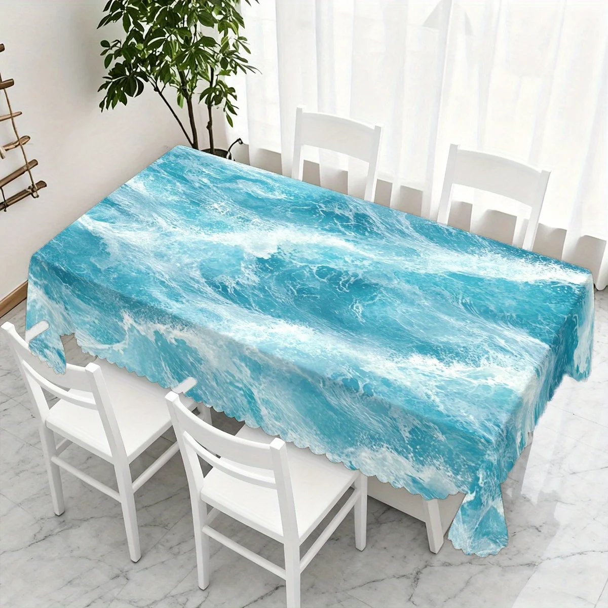 Blue Ocean Waves Sea Water Texture Waterproof Tablecloth, Rectangular Cover for Home Dining Summer Ocean Themed Party Decor