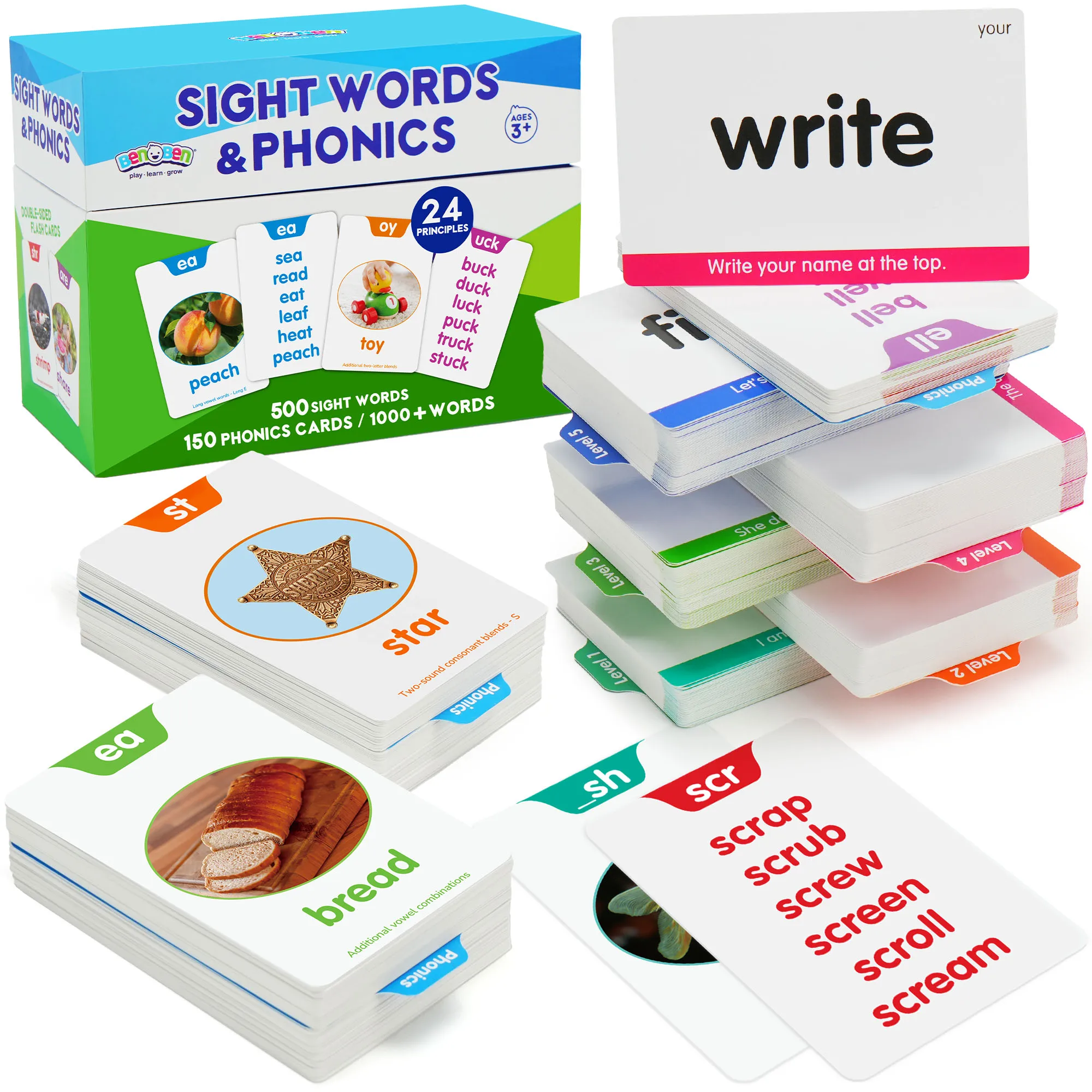 

650 Sight Words & Phonics Flash Cards, Learn to Read CVC, Blends, Long Vowel Sounds, Dolch & Fry High Frequency Site Words