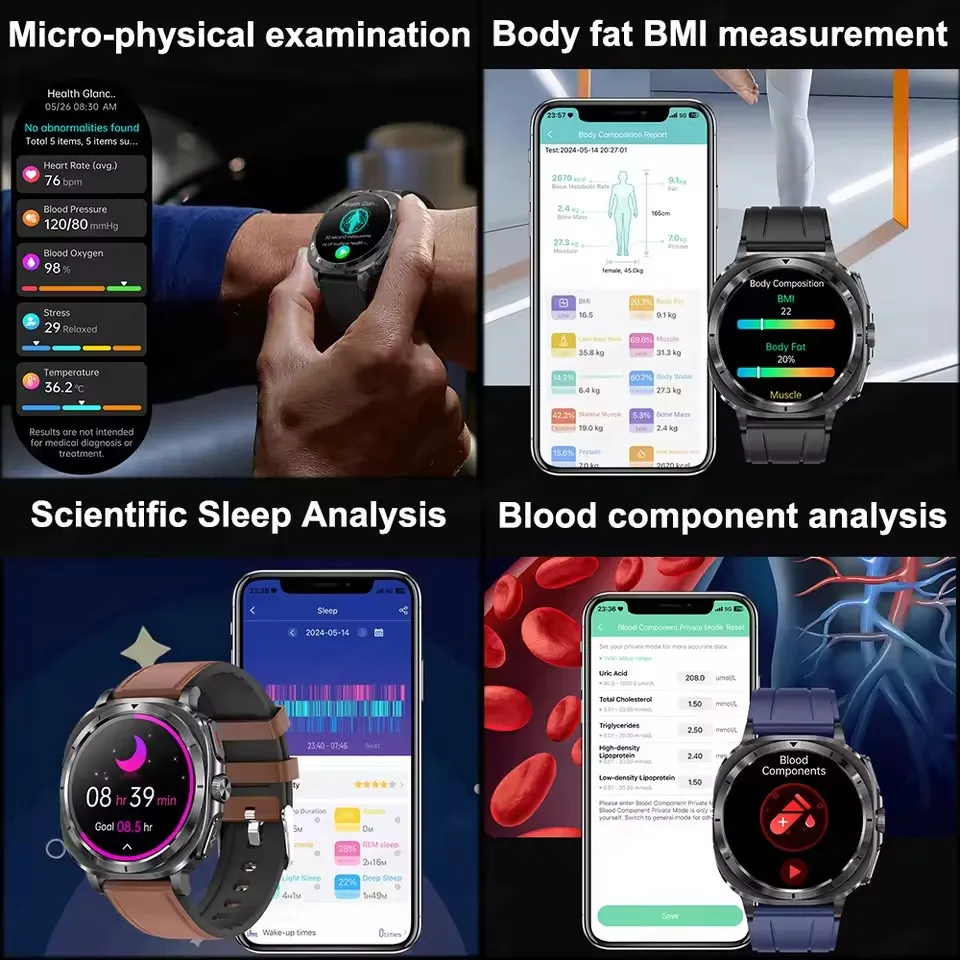 Smartwatch Męski 2025 z AI, Dokładna Diagnostyka, EKG, Ciśnienie Krwi, Kwas Moczowy, Tłuszcz Krwi, Monitor Temperatury, NFC, Połączenia Bluetooth