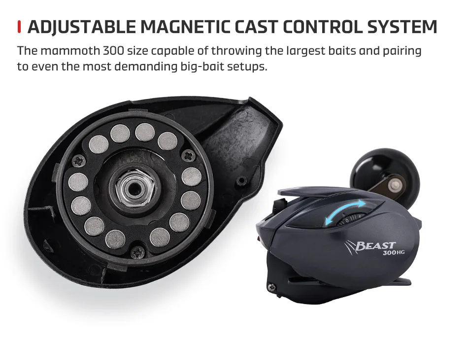 NOEBY Beast 300HG Baitcasting-Rolle, maximale Bremskraft 13 kg, Übersetzungsverhältnis 6,51, magnetisches Bremssystem, Süßwasser-Salzwasser-Angelrolle – Detail 6