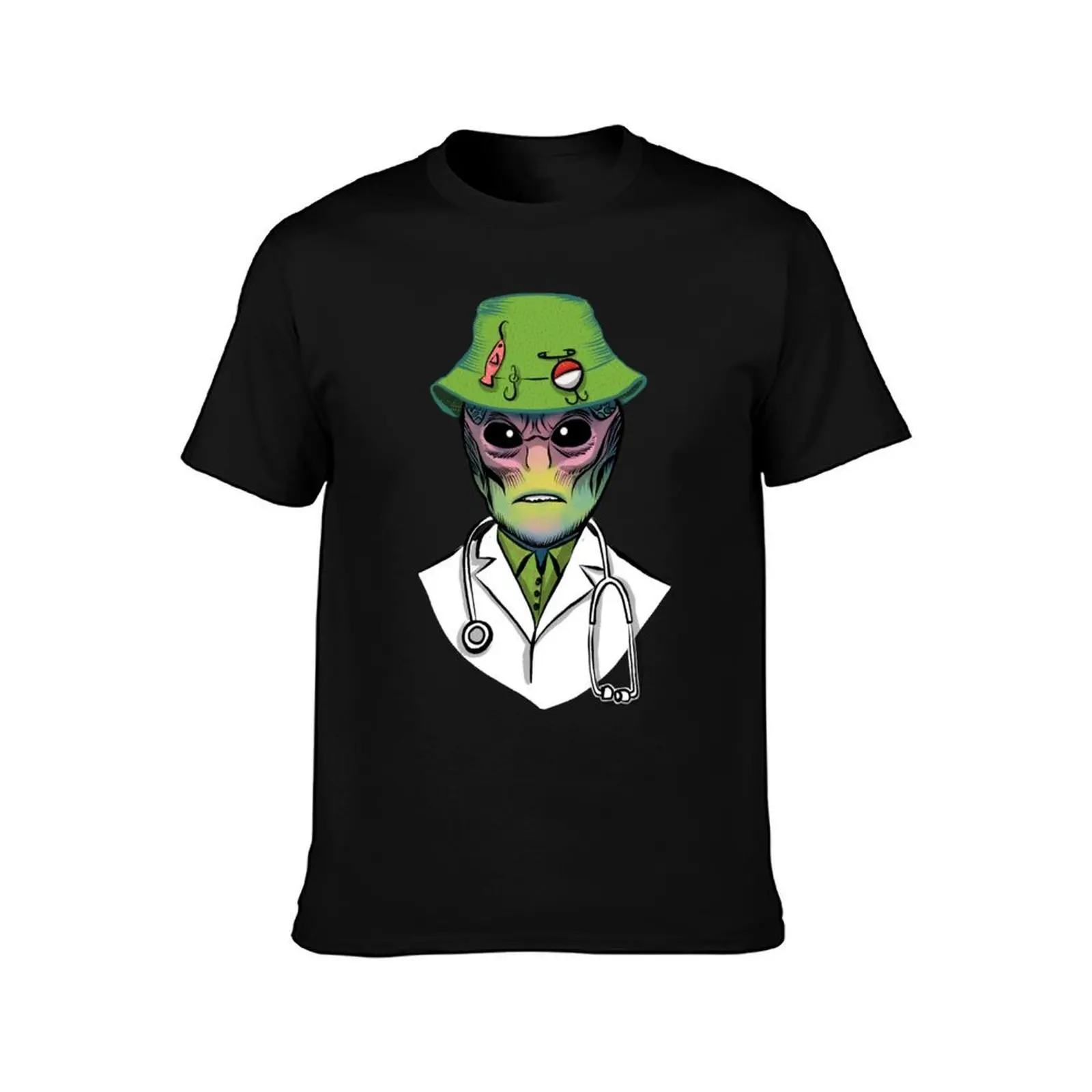 Resident alien caricature drawing with magnifying glass T-Shirt Casual Minimalist Short Sleeve Top
