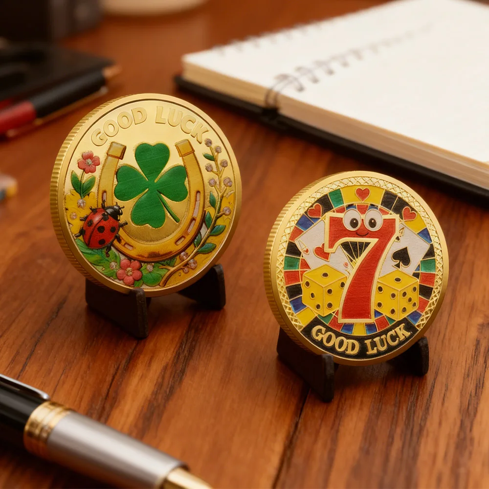 1pc Four-leaf Clover Good Luck Commemorative Coin Ladybug Lucky 7 Souvenir Challenge Coin Wishing Coin Gifts for Friends