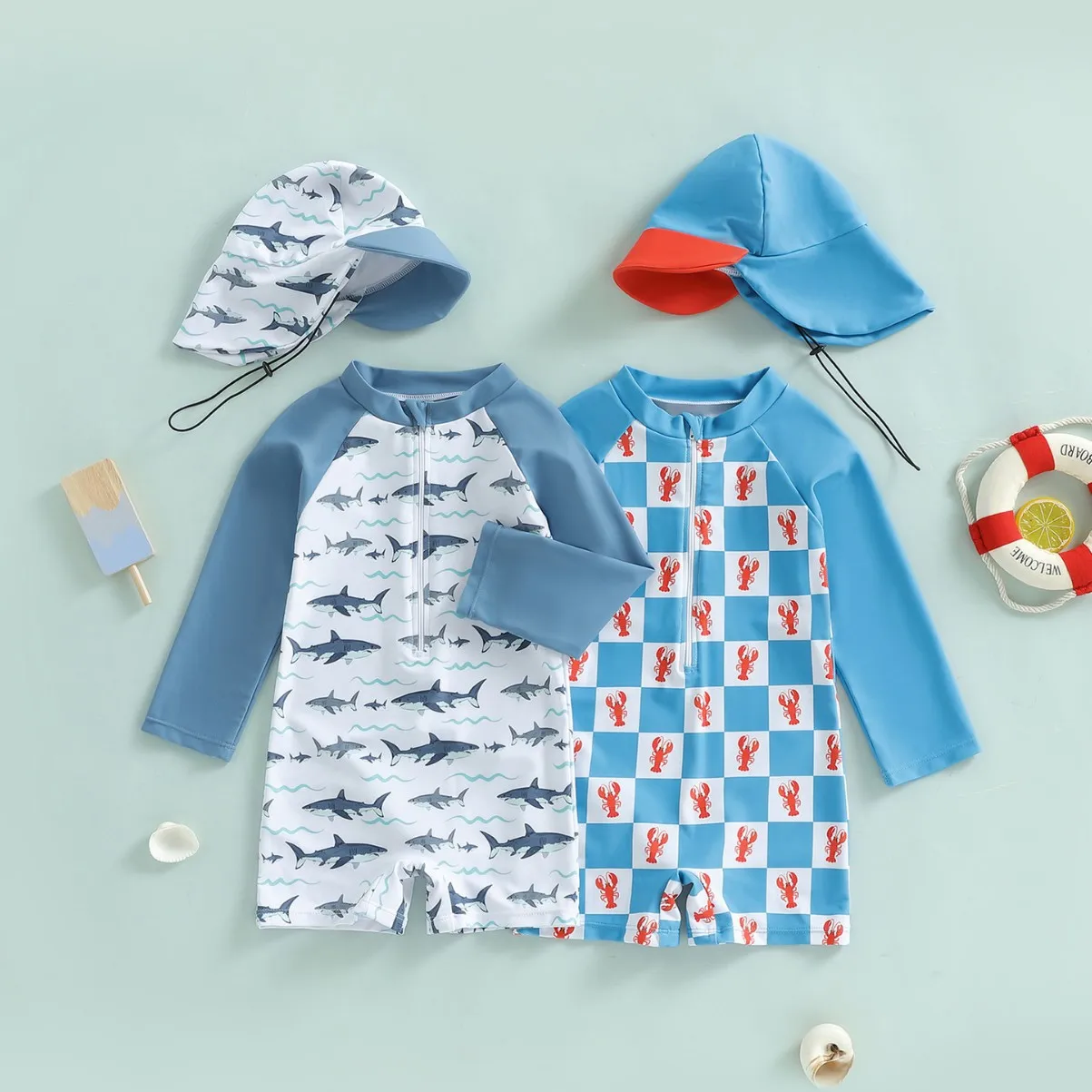 Boys One-piece Swimsuit with Sun Hat Kids Long Sleeve Cartoon Shark Print Sun-protective Quick-Dry Swimwear Baby Bathing Costume
