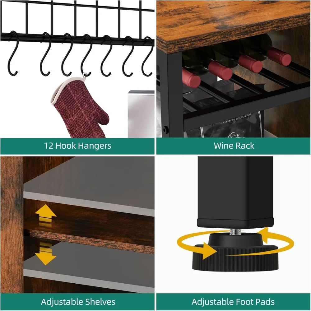 رف خباز كبير مقاس 47 بوصة على طراز المزرعة مع مخرج طاقة وتخزين، وخزانة بار القهوة، وحامل ميكروويف للمطبخ