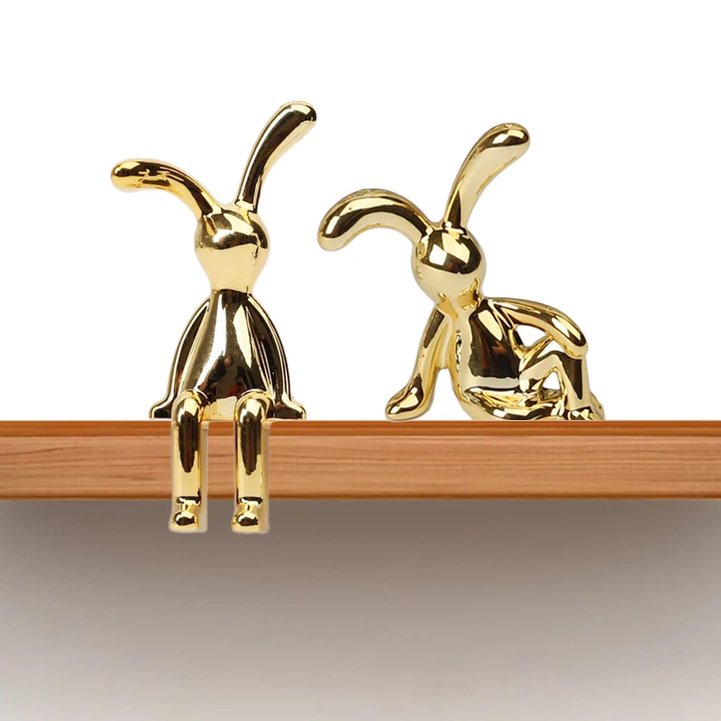 2PCS Gold Silver Long Eared Rabbit Figurine Miniatures Car Decor Pastable Plating Rabbit 3D DIY Statue Home Furnishings Ornament