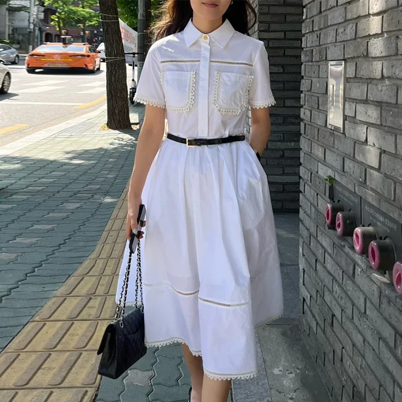 French Gentle Hook Flower Elegant Vestidos Lace Lapel Short Sleeve Dress Female 2024 Summer Chic New Retro Waist Slim Skirt