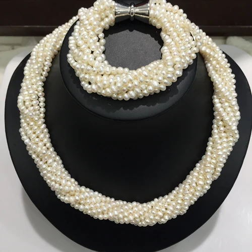 

Hand Knotted 9rows 3-4mm white color multi-layer natural freshwater pearl twist necklace bracelet set fashion jewelry