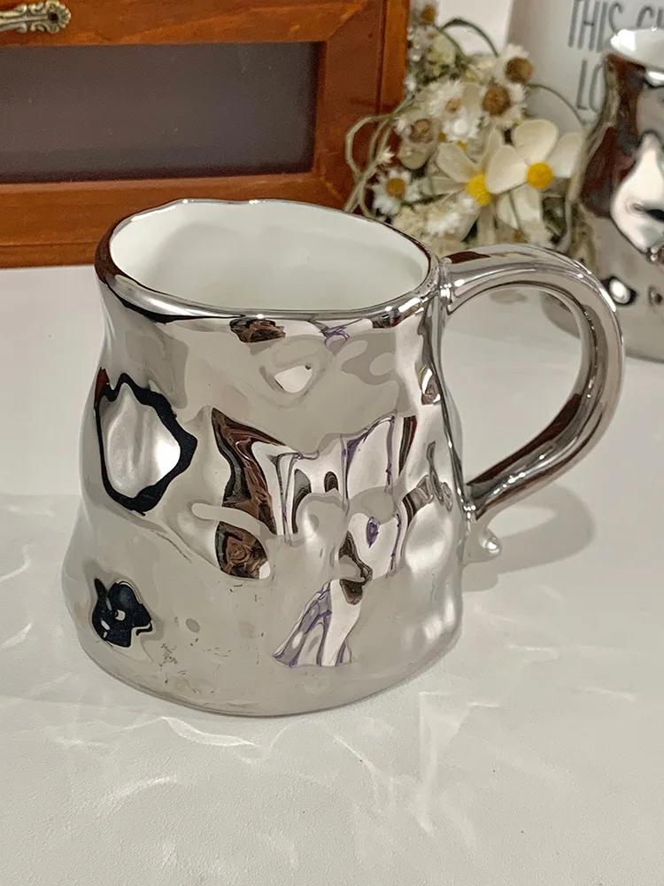 Ahunderjiaz-Retro Ceramic Silver Mug, Large Capacity, Hand Held, Irregular, White Water Cup, Kitchen Beverage Set