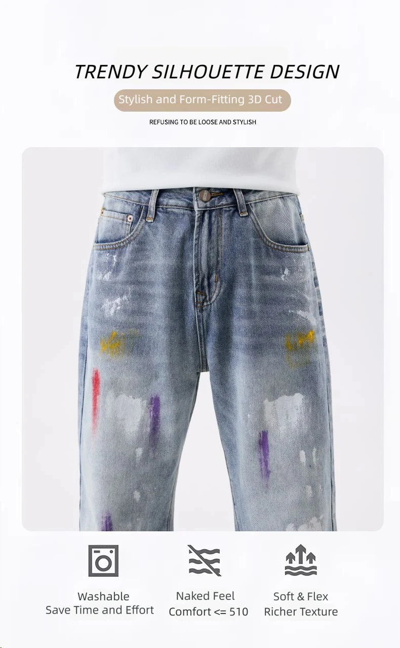 2026 New Ink-Splatter Color Men's Jeans Fashionable, Versatile, Personalized, Non-Stretch, Loose Straight-Leg Youth Men's Jeans