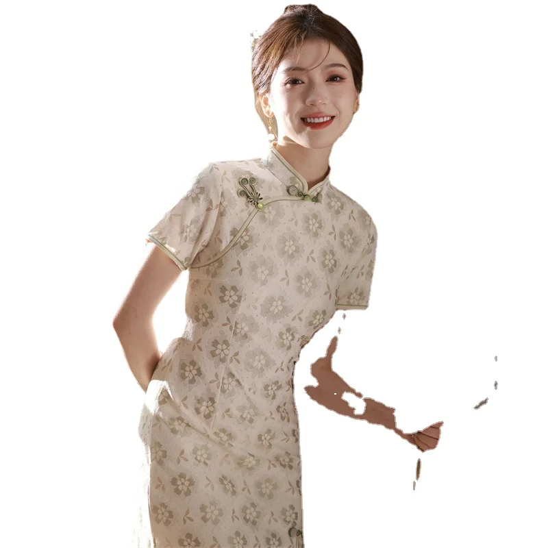 Light Green Lace Dress Summer Traditional Cheongsam Women Slim Floral Vintage Dresses Qipao S To XXL Beige