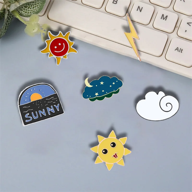 Weather Icon Pins Sea Sunrise Moon Star Night Brooches Smile Sun Lightning Cloud Enamel Pin Clothes Badges Jewelry Gift for Kids