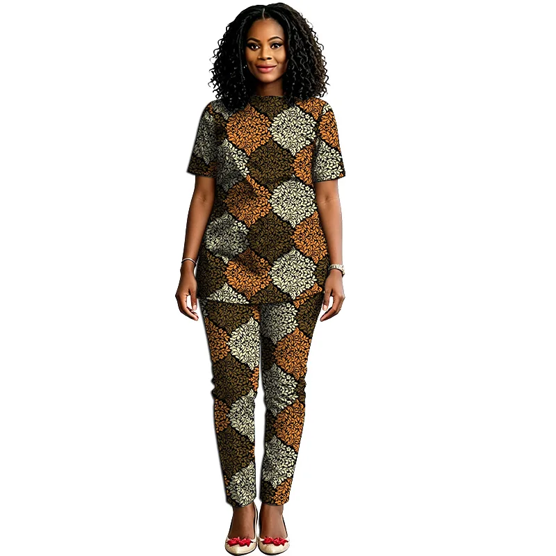 African Print Couture Women's Ankara Outfit Vintage Style Collarless Blouse+Elastic Waist Pant Summer Tops Set Customized