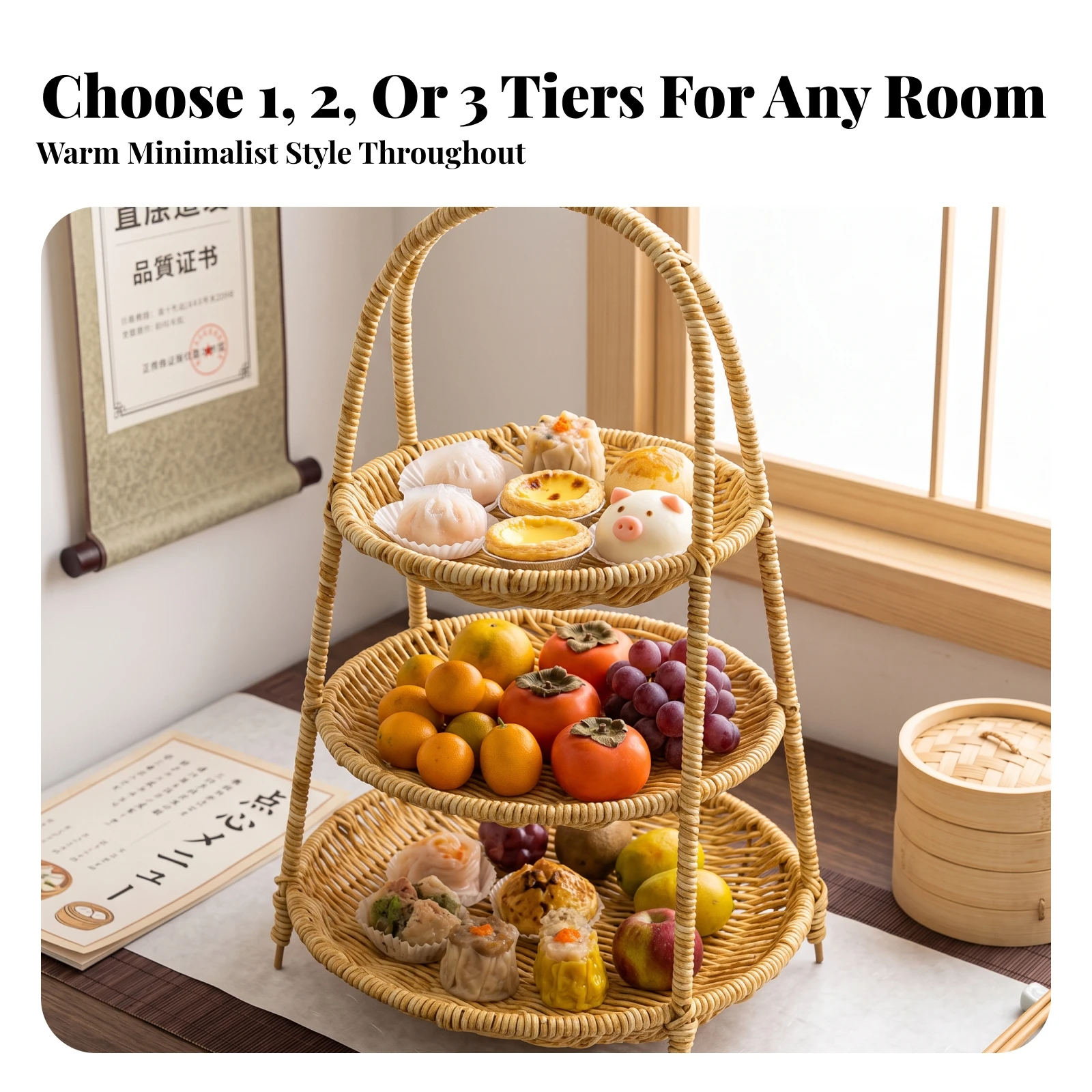 Basket with Handle Rustic Wicker Fruit Tray Woven Snack Holder Multi-Purpose Wicker Basket Versatile for Kitchen Counter