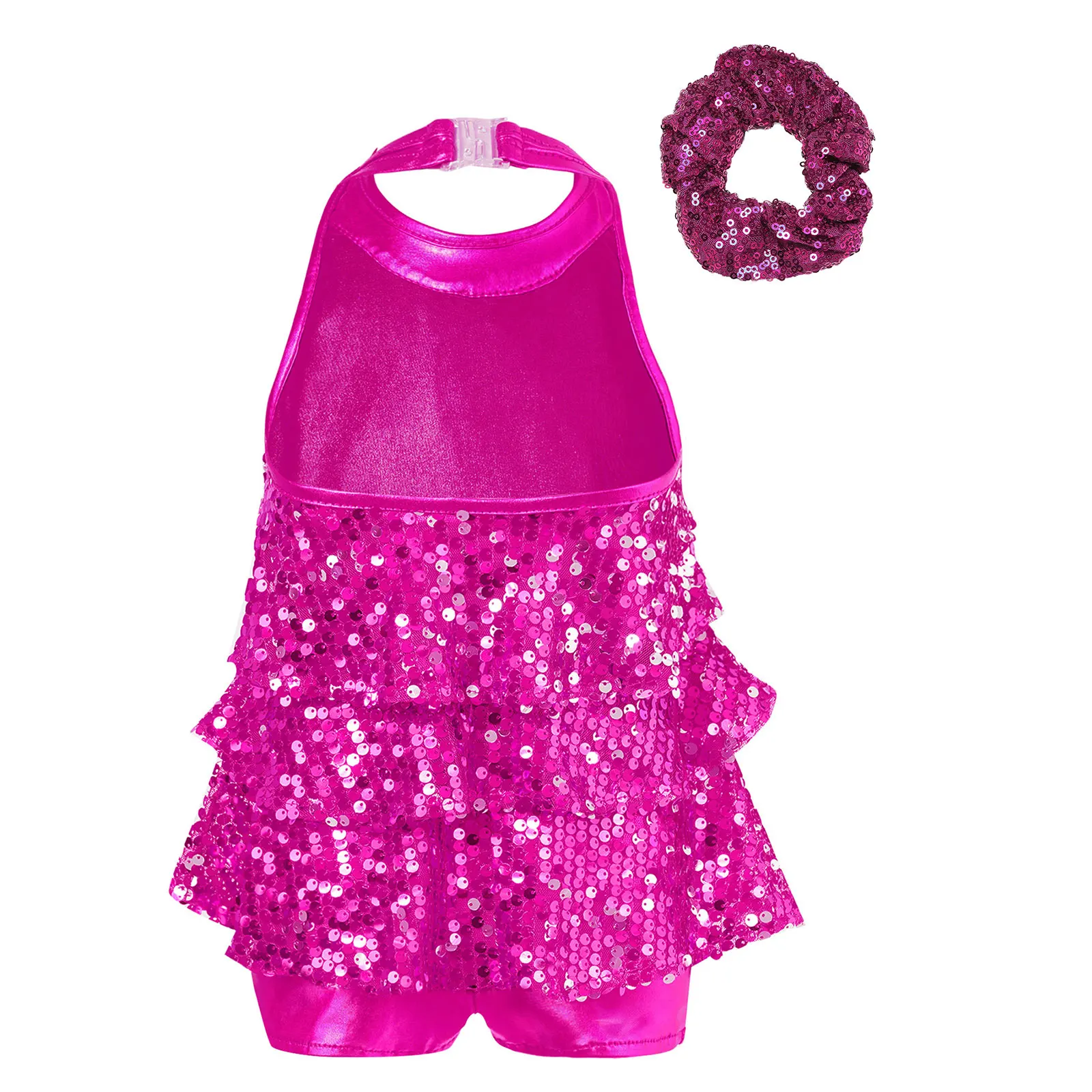 어린이 소녀 민소매 홀터 스팽글 발레 댄스 쇼티 유니타드 드레스 모던 재즈 라틴 차차 댄스용 헤어 타이 세트 포함