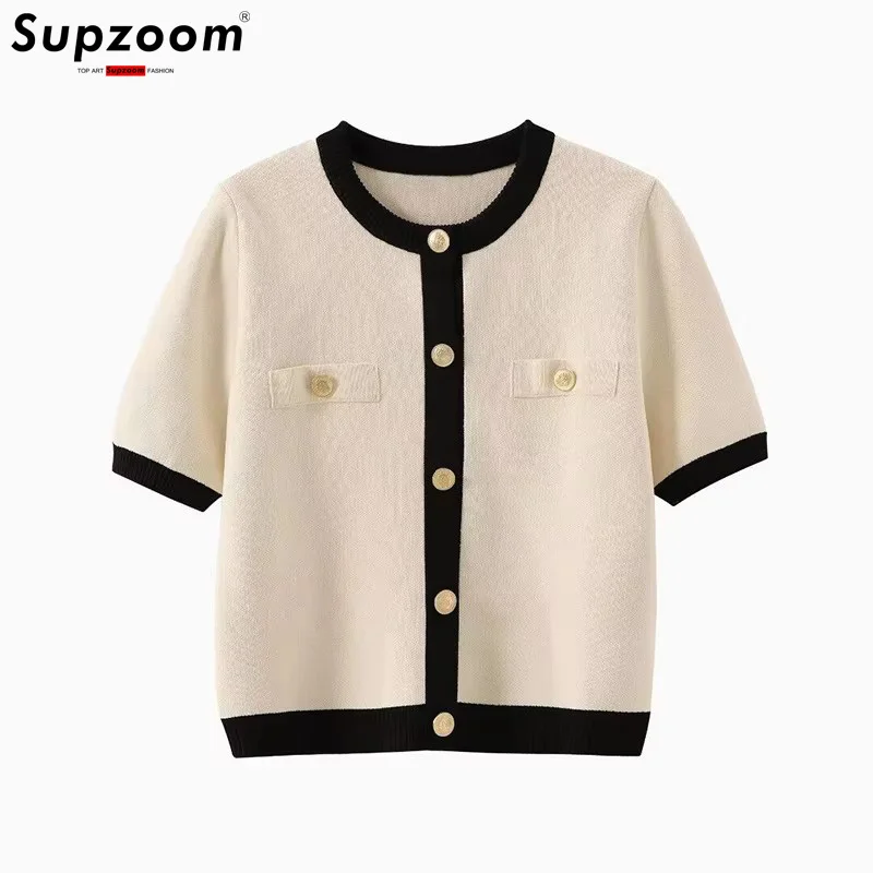 

Supzoom: Новинка! Модный повседневный кардиган в европейском и американском стиле с контрастными цветами, круглым вырезом и короткими рукавами, вязаный.