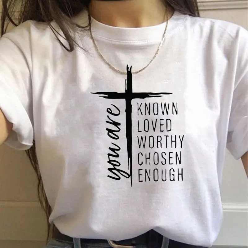 YOU ARE KNOWN LOVED WORTHY CHOSEN ENOUGH Cross Letter Printed T-Shirt Casual Short Sleeve Round Neck Tops White S-XXL Pullover